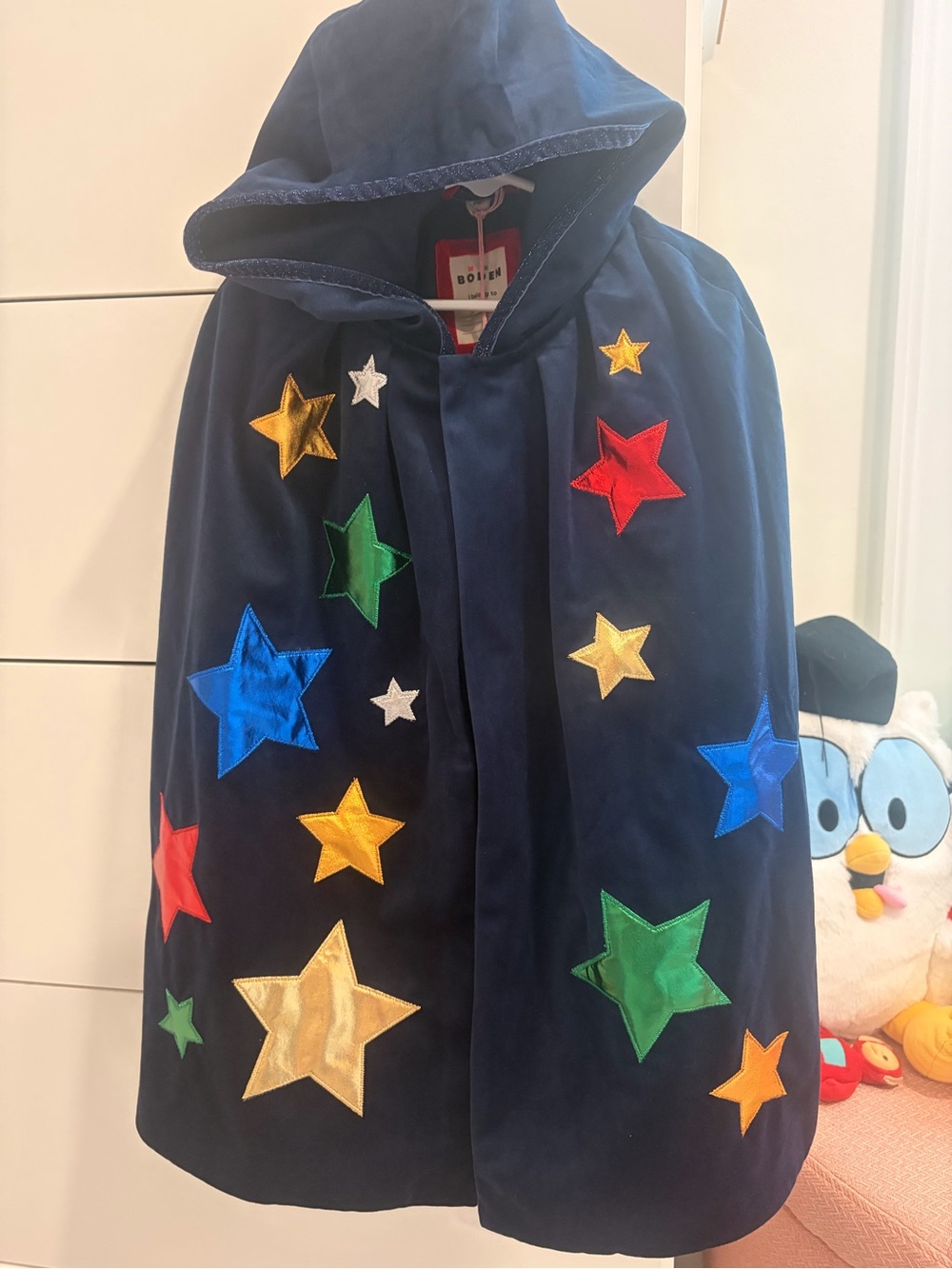 NWT Mini Boden Navy wizard Hooded Cloak Metallic Star Appliqués Imaginative Play